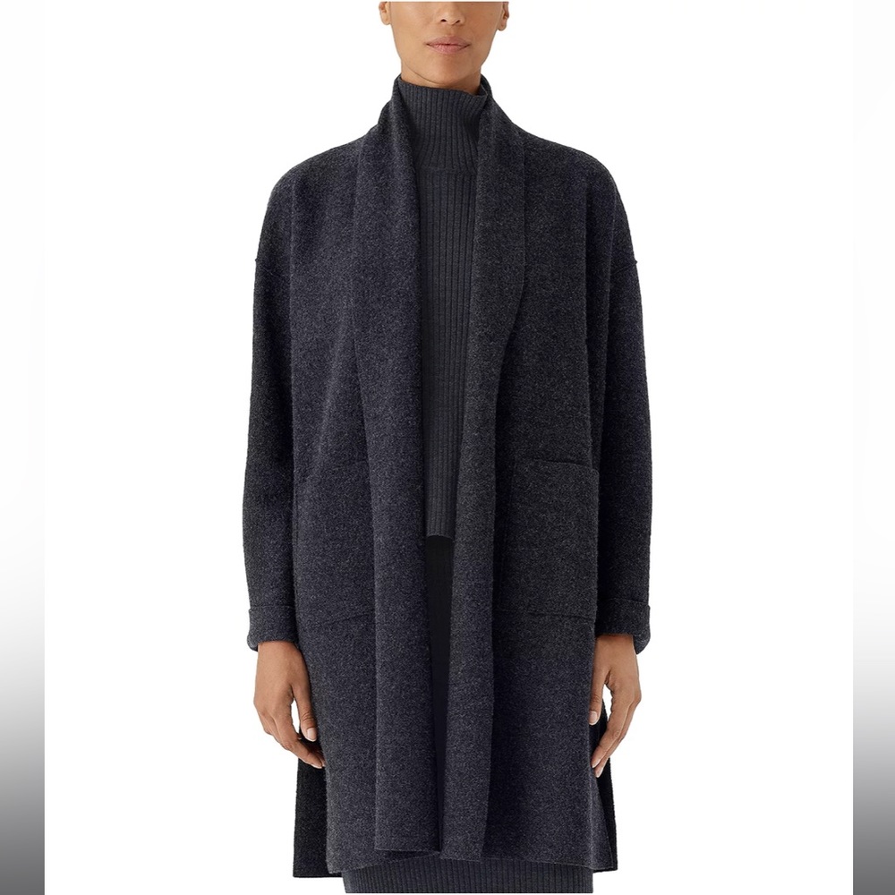 Eileen Fisher Lightweight Boiled Wool High Collar Coat in Small